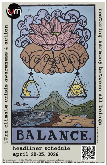 tUrn flier with painting of lotus, hands, scales, and shoreline and mountains